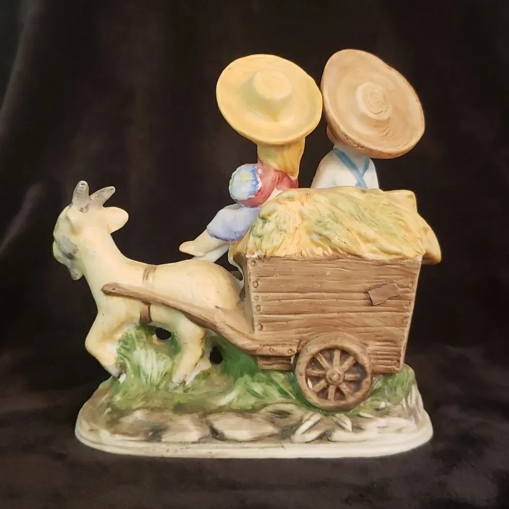 Vintage Children Riding Goat Cart Porcelain Figurine